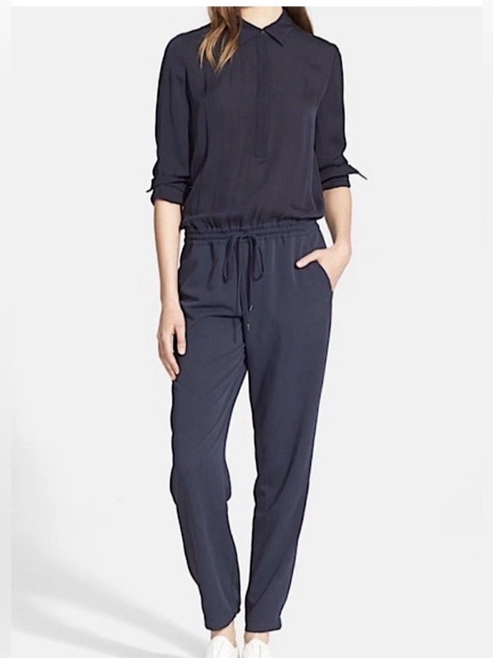 Vince Navy Media Jumpsuit Silk Button Up Top Drawstring Waist Jogger Jumpsuit